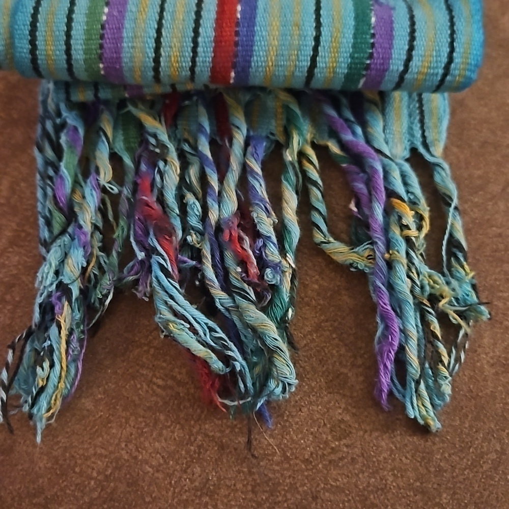 VTG Estate Guatemalan Turquoise Rainbow Stripe Woven Fringe Western Sash - Picture 5 of 6